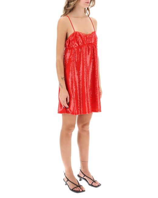 Ganni Red Pailletten -Mini -Kleid