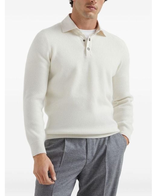 Brunello Cucinelli White Cashmere Polo Shirt for men
