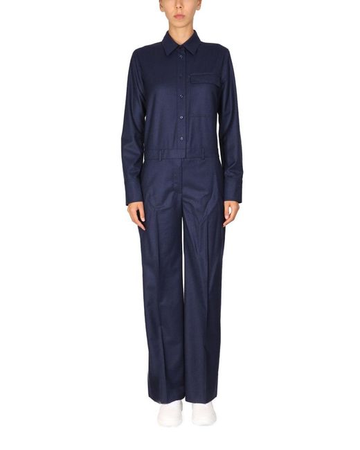 Stella McCartney Blue Solid Shirt Collar Jumpsuit