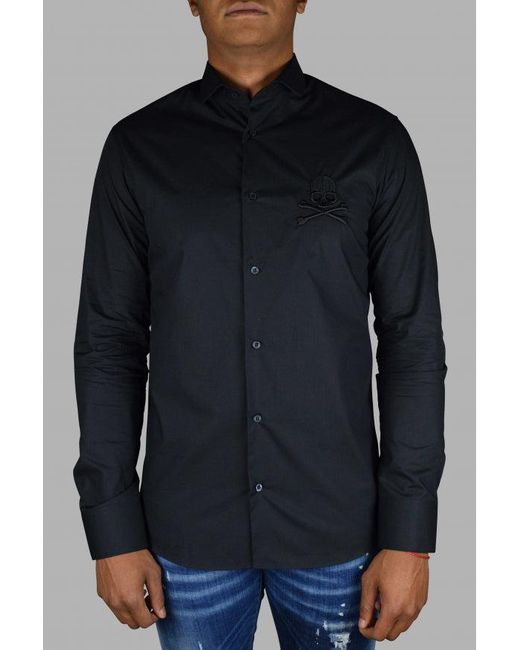 Philipp Plein Blue Diamond Cut Ls Skull Shirt for men