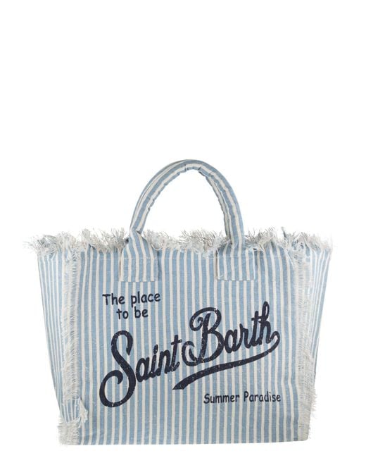 Mc2 Saint Barth Blue Striped Linen Beach Tote Bag With Printed Logo