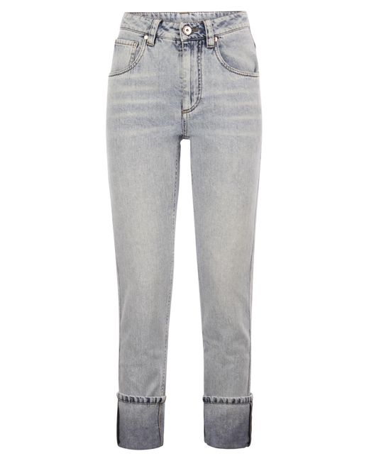 Soft denim pantalones rectos con detalles brillantes Brunello Cucinelli de color Gray