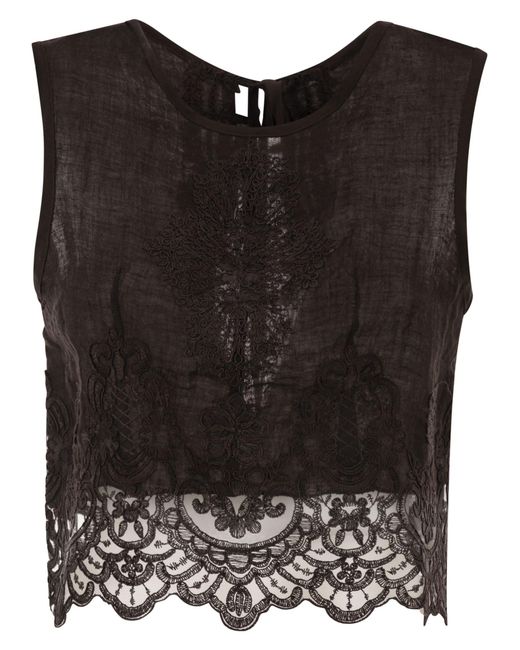 Maurizio Mykonos Black Linen Top With Tonal Embroidery And Lace Hem