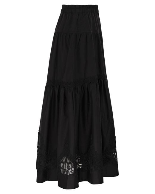 Maurizio Mykonos Black Cotton And Rayon Midi Skirt With Embroidered Inserts