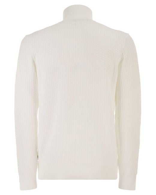 Boss White Textured Cotton Sweater With High Neck And Zip