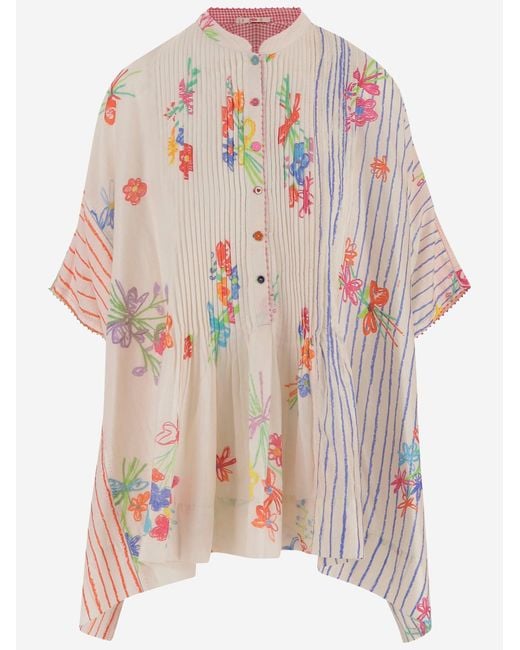 Péro White Silk And Cotton Shirt With Floral Pattern