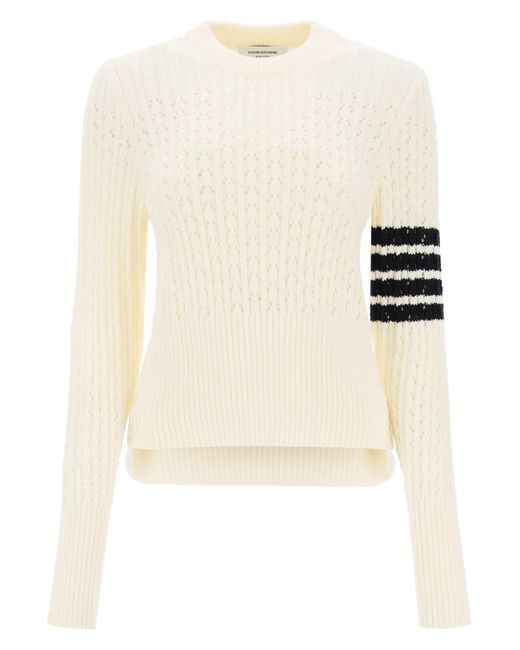 Thom Browne Pointelle Stitch Merino Wool 4 Bar Sweater in het Natural