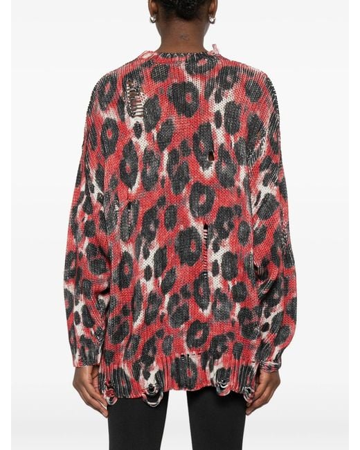R13 Red Distressed-Trim Leopard-Print Sweater