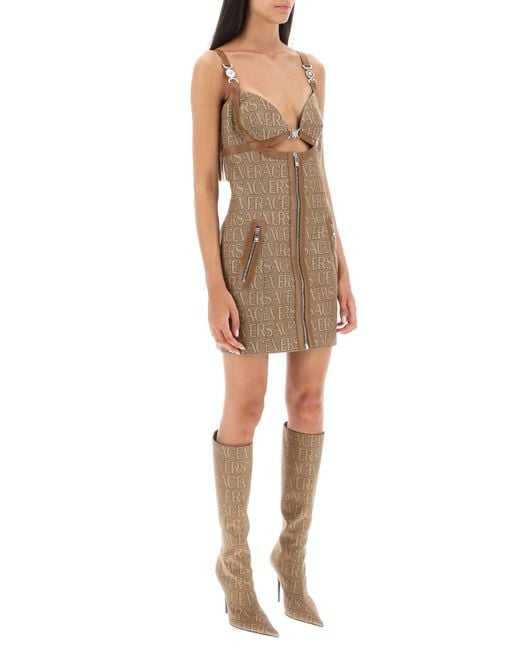 Versace Brown Monogram Mini -Kleid mit Lederverkleidungen