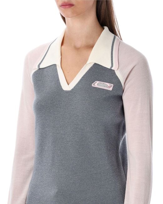 Casablanca Gray Merino Lurex Long-Sleeve Tennis Polo