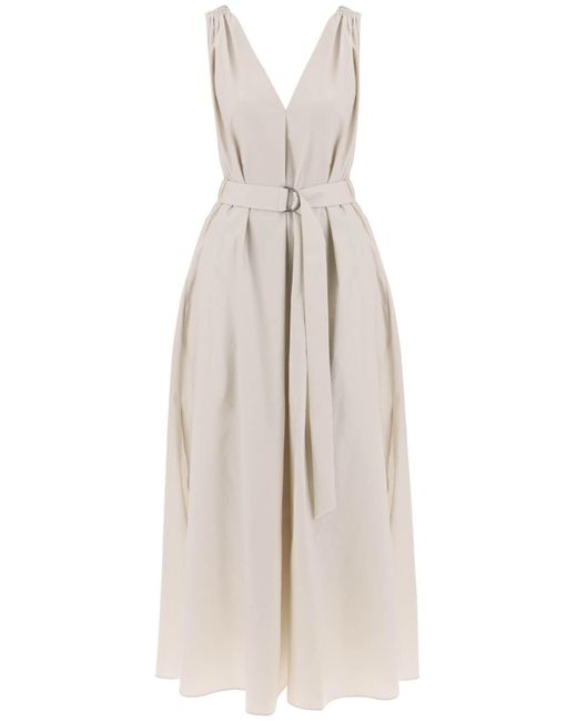 Brunello Cucinelli White Maxi Flared Kleid mit kostbarer Schulter