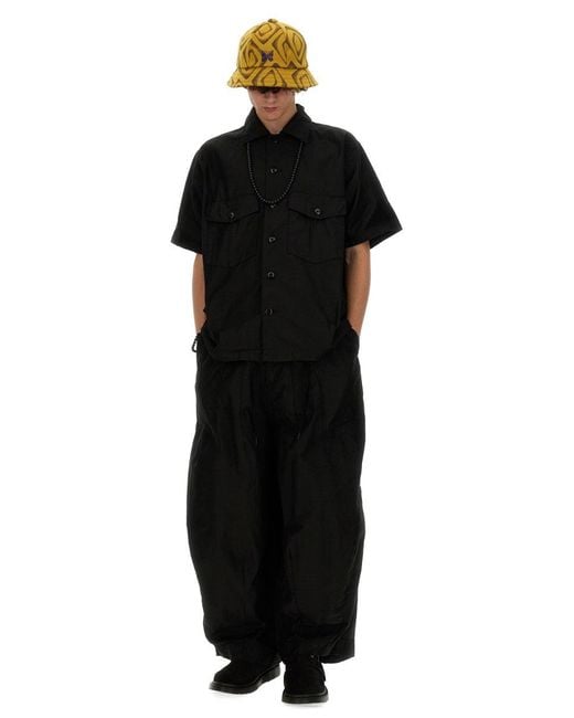 Needles Black Relaxed Fit Short-Sleeved Shirt With Classic Collar And Chest Pockets for men