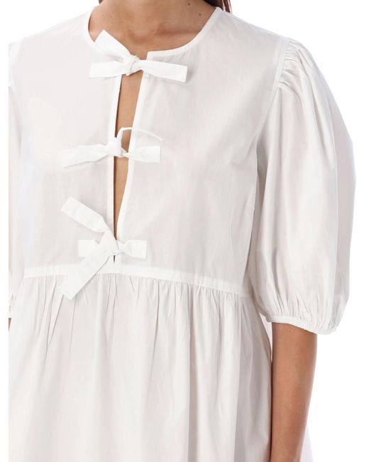 Ganni White Cotton Poplin Mini Dress With Bows