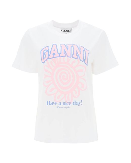 Ganni Pink Crew Neck T -Shirt mit Druck