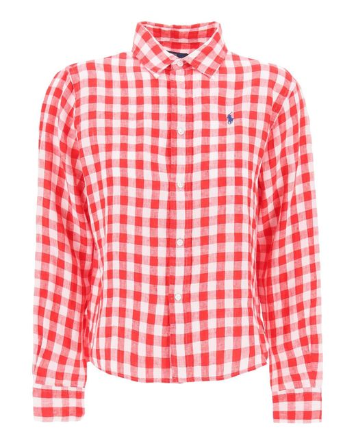 Polo Ralph Lauren Red Breit und kurzes Gingham -Leinenhemd.