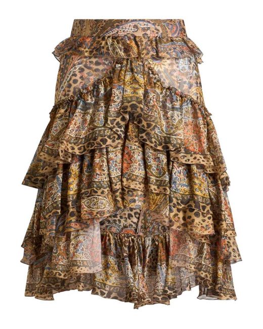 Etro Brown Paisley-Printed Asymmetric Ruffled Skirt