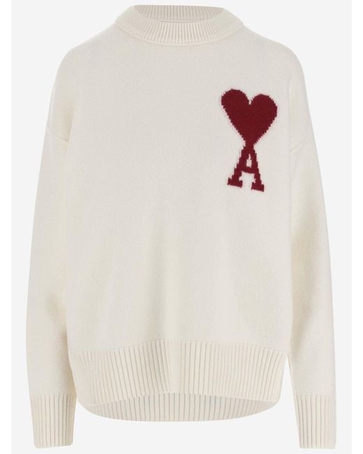 AMI White Wool Sweater With Logo