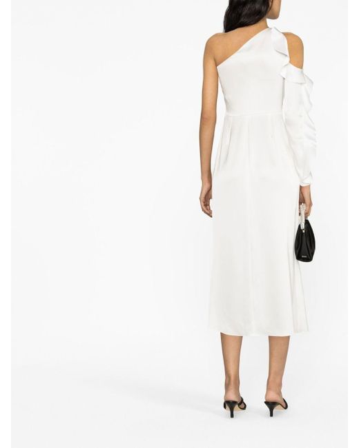 David Koma White Ruffle Detail One Shoulder Midi Dress