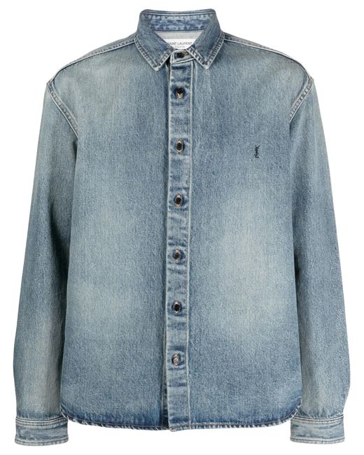 Saint Laurent Blue Trouville Logo Embroidered Denim Shirt for men