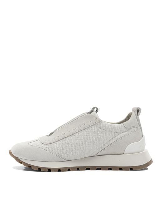 Brunello Cucinelli White Canvas And Suede Sneaker With Precious Detail