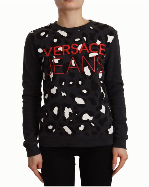Versace Black Schwarzer Pullover mit langen Ärmeln und Leopardenmuster aus Baumwolle