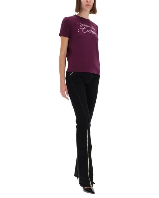 Versace Jeans Couture Purple T-Shirt With Logo And Rhinestones