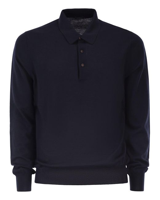 Kiton Blue Long-Sleeved Wool Polo Shirt for men