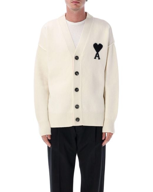 AMI Natural Relaxed Fit Wool Cardigan With Distinctive Heart Emblem for men