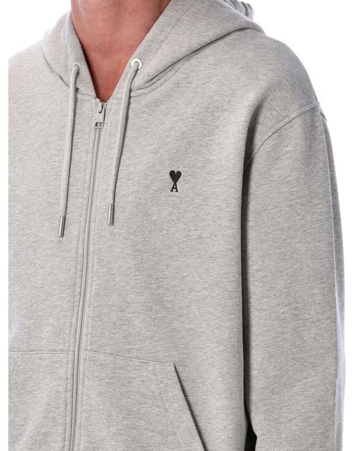 AMI Gray Zip-Front Loopback Cotton Hoodie With Of Coeur Embroidery for men