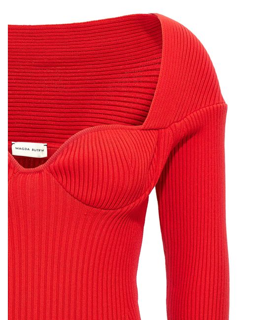 Magda Butrym Red Ribbed Viscose Blend Sweater With Sweetheart Neckline