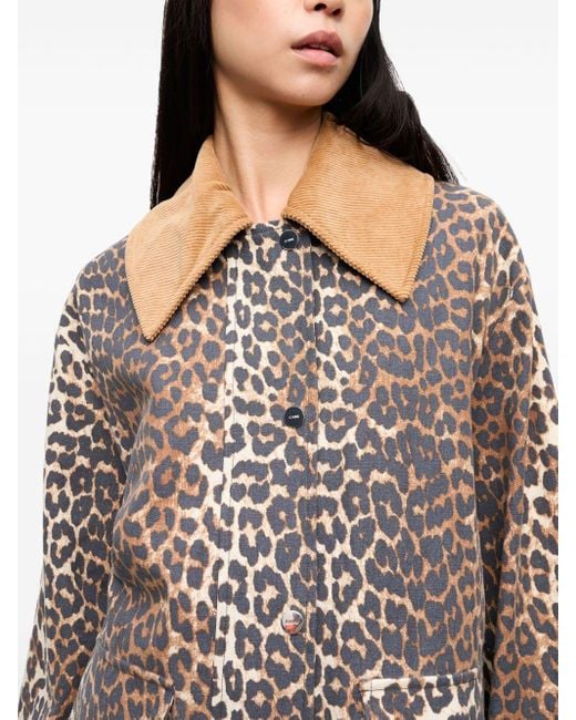 Ganni Brown Canvas Midi Leopard Print Jacket