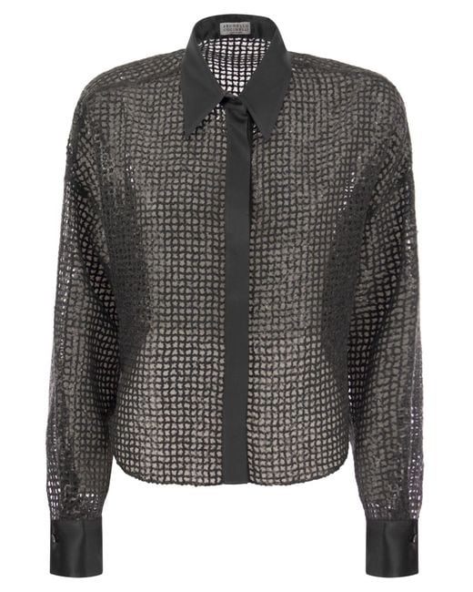 Silk deslumbrante camisa de bordado Brunello Cucinelli de color Gray