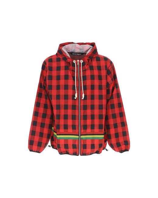 Palm Angels Geruite Windbreaker Jas Met Trekkoord Capuchon in het Red voor heren