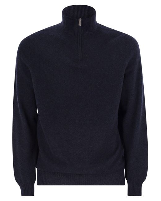 Fedeli Blue Favonio Persia Cashmere Half Zip Sweater for men