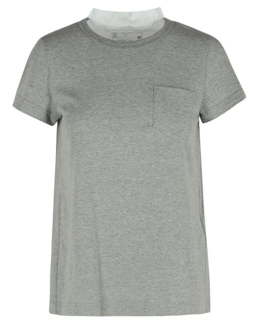 Sacai Gray Ribbed Cotton T-Shirt With Pleated Back Insert