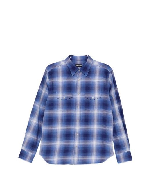 Tom Ford Blue Cotton Checked Shirt for men