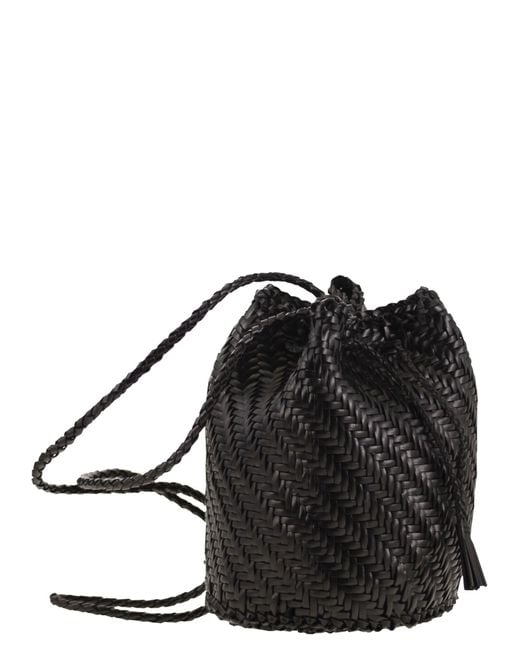 Dragon Black Pompom Double Jump Bucket Bag With Woven Leather
