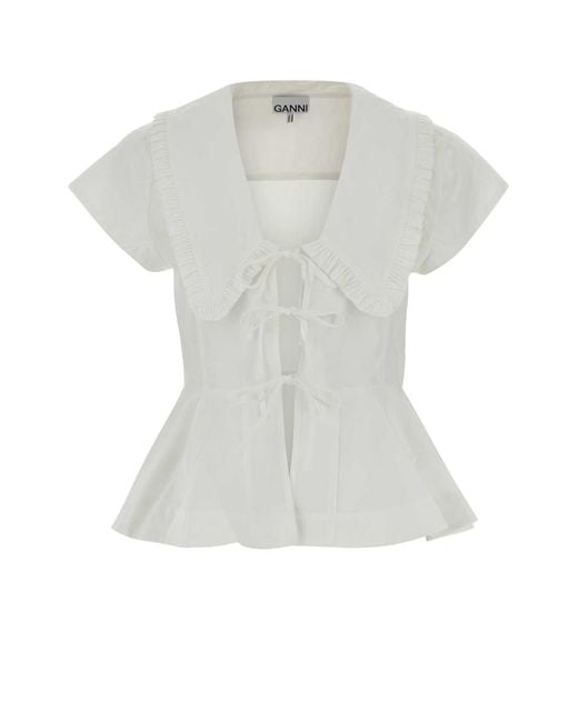 Ganni White Ruffled Collar Top