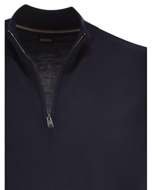 Boss Blue Virgin Wool Jumper With Zip Collar for men