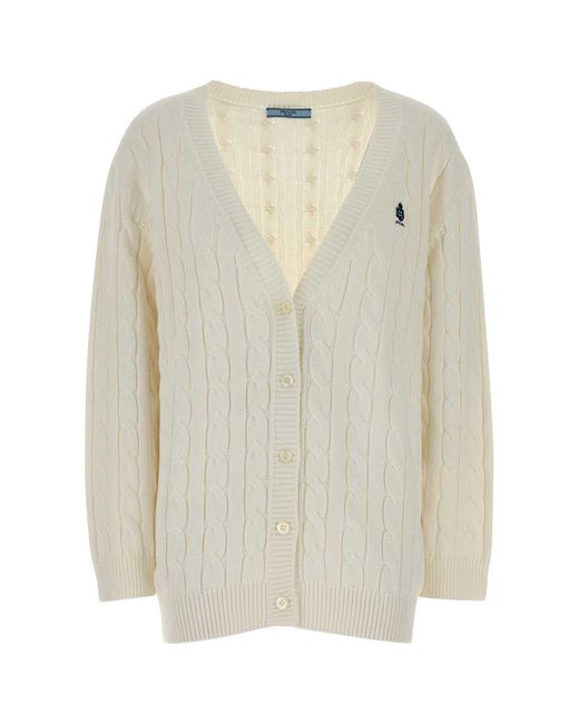 Prada White Logo V Neck Cardigan