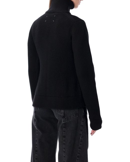 Maison Margiela Blue Wool Ribbed Zip-Up High-Neck Cardigan