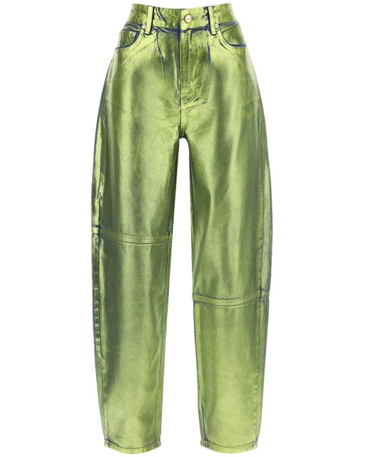 Ganni Gebogen Been Jeans In Folie Denim in het Green
