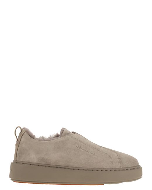Santoni Brown Slip-On Suede Sneakers With Fur