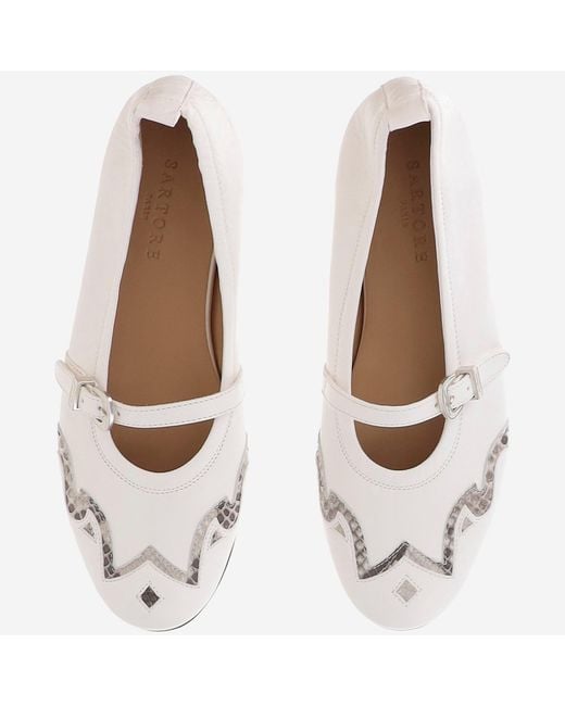 Sartore White Leather And Python Balerinas
