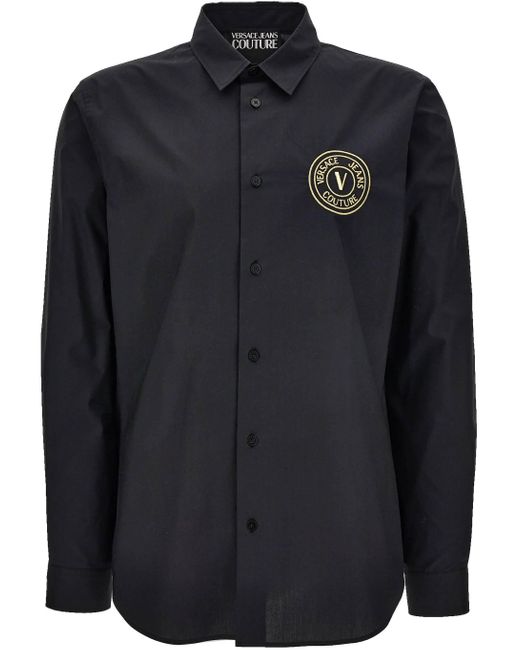 Versace Jeans V-Emblem Schwarzes Baumwollhemd in Black für Herren