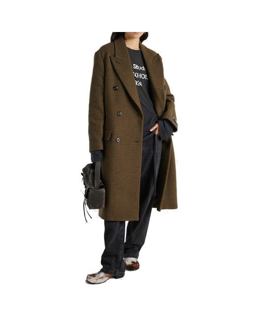 Acne Brown Checked Double-Breasted Wool Blend Coat