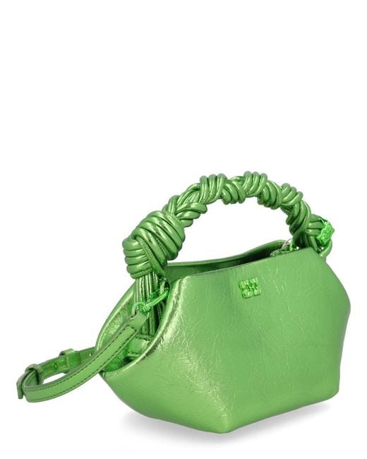 Ganni Green Metallic Crinkled Top-Handle Bag