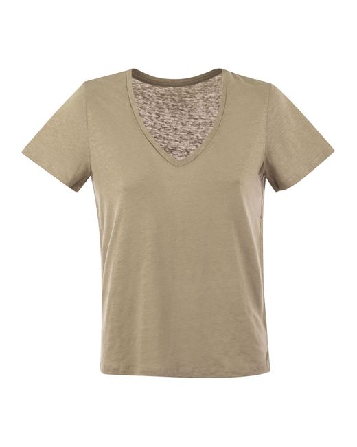 Majestic Natural Linen V Neck T Shirt With Short Sleeves