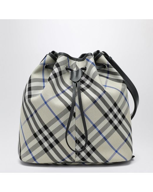 Burberry Gray Medium Bucket Bag With Lichen Colour Check Pattern