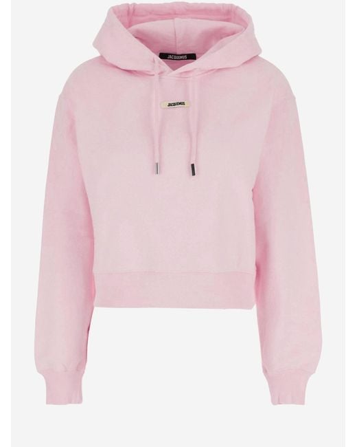 Jacquemus Pink Cropped Cotton Sweatshirt With Drawstring Hood